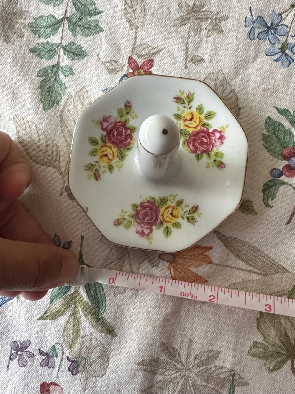 Vintage Floral Ceramic Ring Holder with Gold Trim